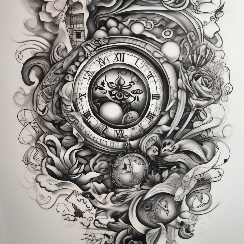 sleeve tattoo to contain the symbols family , love, health, time, money , happines cute tattoo idea, design de tatouage Surréaliste généré par IA